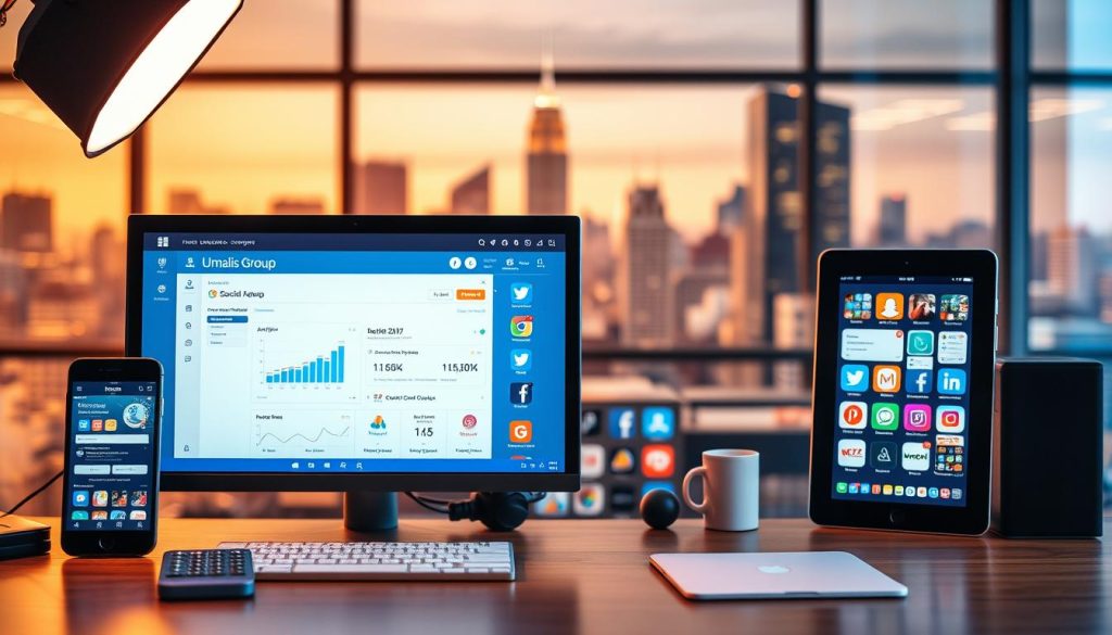 A vibrant and organized digital workspace with an array of social media management tools, including a desktop computer, smartphone, and tablet. The foreground features a sleek and intuitive interface displaying analytics, scheduling, and content creation tools from the Umalis Group. The middle ground showcases various social media platform icons, while the background depicts a blurred cityscape, conveying a sense of productivity and efficiency in the digital age. Warm lighting from a softbox illuminates the scene, creating a professional and polished atmosphere.