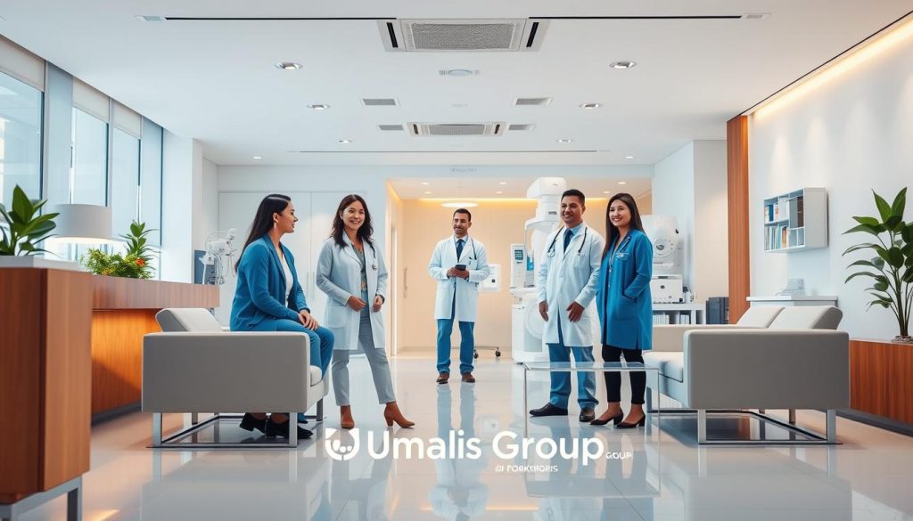 A vibrant and professional healthcare services office, showcasing the comprehensive offerings of the Umalis Group's mutual insurance plan. The foreground depicts an airy, modern reception area with sleek furnishings and warm lighting, conveying a sense of comfort and efficiency. In the middle ground, healthcare specialists consult with clients, their expressions reflecting attentive care. The background reveals a well-equipped medical facility, with state-of-the-art diagnostic equipment and a calming, minimalist aesthetic. The overall scene exudes a mood of trusted expertise, personalized attention, and a commitment to holistic wellbeing. The Umalis Group brand is prominently displayed, affirming its position as a leader in innovative mutual insurance solutions.