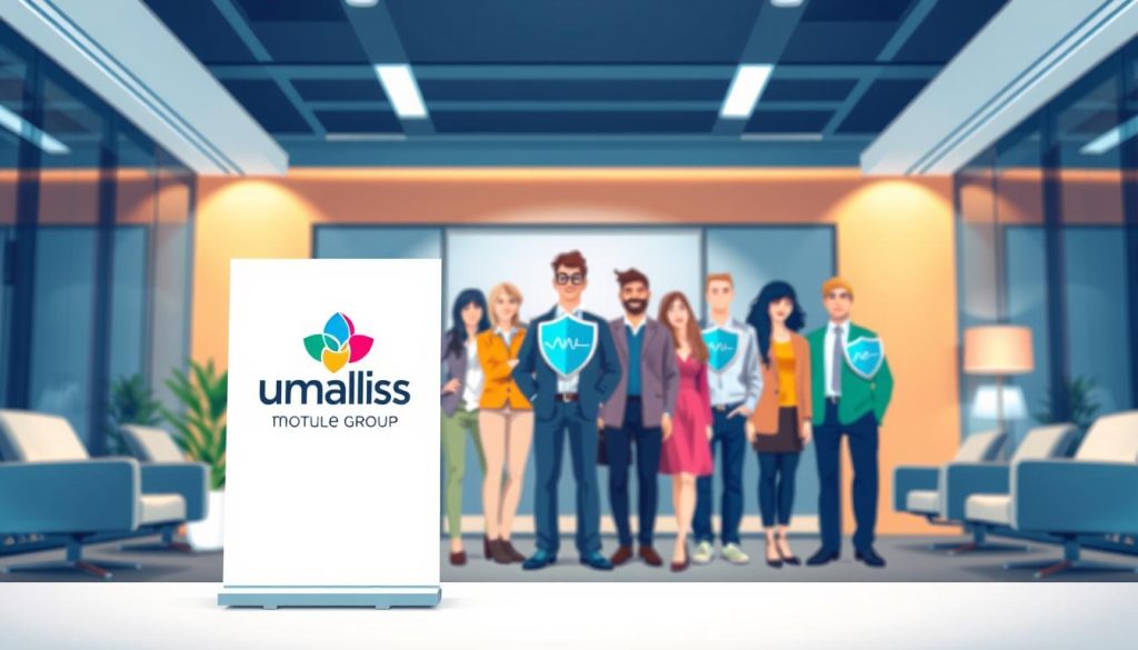 A vibrant and professional illustration showcasing a "mutuelle portage salarial" concept. In the foreground, the Umalis Group logo stands prominently, representing the leading provider of this service. The middle ground depicts a group of diverse individuals, each protected by a symbolic health insurance shield, highlighting the comprehensive coverage offered under the "mutuelle" plan. The background features a clean, modern office setting with sleek furniture and warm lighting, conveying a sense of security and professionalism. The overall composition conveys the key message of the article section - the legal obligations and minimum healthcare benefits associated with "mutuelle en portage salarial" for independent workers.