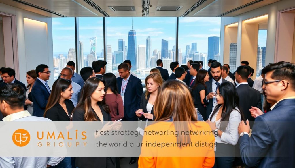 A vibrant and professional networking event hosted by Umalis Group. In the foreground, a diverse group of smartly dressed individuals engaged in lively discussions, exchanging business cards and making connections. The middle ground features a sleek modern setting with minimalist decor and strategic lighting, creating an atmosphere of productivity and collaboration. In the background, a cityscape with towering skyscrapers and a clear blue sky, symbolizing the boundless opportunities available through strong professional networks. The overall scene conveys the power of strategic networking to propel one's career in the world of independent work.