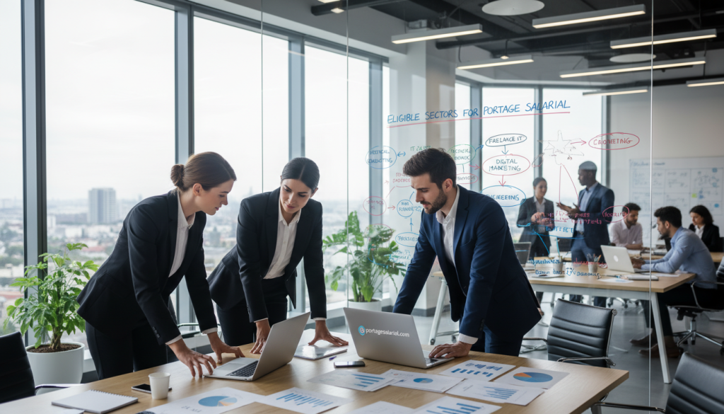 A vibrant and professional office scene showcasing a diverse group of individuals engaged in discussions about various sectors of activity eligible for portage salarial. In the foreground, three business professionals in business attire collaborate around a large table filled with laptops, charts, and papers, illustrating their focus on different industries like IT, healthcare, and consultancy. The middle ground features a whiteboard with colorful graphs and notes about eligible fields, while the background reveals a modern office environment with large windows allowing natural light to flood the space. The mood is dynamic and optimistic, capturing the essence of innovation and collaboration in the workforce. The image should reflect professionalism and teamwork, symbolizing the adaptability of portage salarial across different sectors. Include the brand logo "portagesalarials.com" discreetly integrated into the scene.