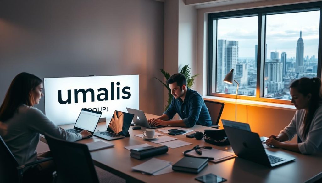 A vibrant and professional office setting, featuring the Umalis Group logo prominently displayed. The scene depicts a team of remote workers collaborating at a communal desk, laptops open and papers scattered, conveying the dynamic nature of the "portage salarial" concept. Soft, directional lighting illuminates the space, casting warm shadows and highlighting the modern, minimalist decor. In the background, a large window overlooks a bustling city skyline, symbolizing the flexibility and connectivity of this employment model. The overall atmosphere is one of productivity, innovation, and a sense of community, reflecting the "S'appuyer sur sa société de portage pour accélérer: outils, réseau et événements" section of the article.