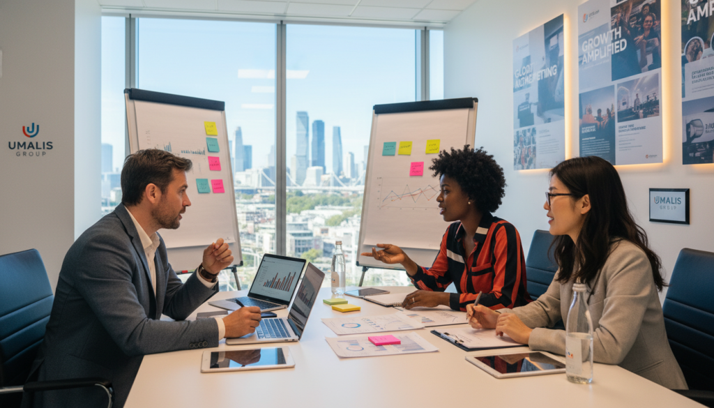 A vibrant and professional scene depicting the advantages of "portage salarial" in marketing. In the foreground, a diverse group of three marketing professionals—one man and two women—are engaged in a lively brainstorming session, seated around a modern conference table with laptops and marketing materials spread out. In the middle ground, a large window reveals a city skyline, symbolizing opportunity and connectivity. The background features a wall adorned with charts and visuals, showcasing successful marketing campaigns. The lighting is bright and inviting, creating an atmosphere of collaboration and innovation. Capture this moment in a sharp, detailed fashion with a slight depth of field to emphasize the group. Include subtle branding elements of "Umalis Group" in the ambiance, ensuring a professional setting. A vibrant and professional scene depicting the advantages of "portage salarial" in marketing. In the foreground, a diverse group of three marketing professionals—one man and two women—are engaged in a lively brainstorming session, seated around a modern conference table with laptops and marketing materials spread out. In the middle ground, a large window reveals a city skyline, symbolizing opportunity and connectivity. The background features a wall adorned with charts and visuals, showcasing successful marketing campaigns. The lighting is bright and inviting, creating an atmosphere of collaboration and innovation. Capture this moment in a sharp, detailed fashion with a slight depth of field to emphasize the group. Include subtle branding elements of "Umalis Group" in the ambiance, ensuring a professional setting.