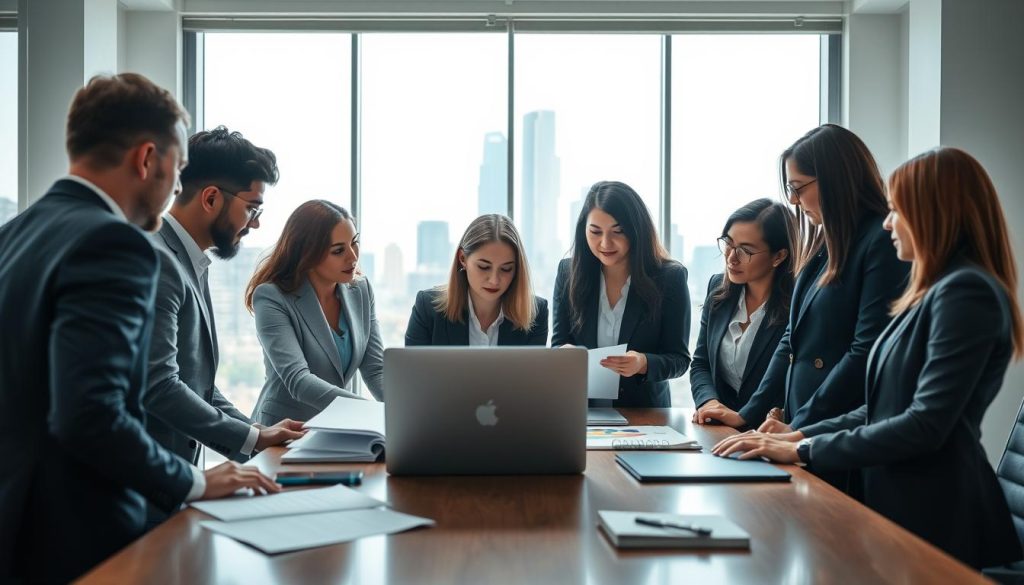 A vibrant and professional setting depicting a diverse group of IT consultants engaged in a collaborative discussion. In the foreground, a mixed-gender team in professional business attire, including suits and smart blouses, is brainstorming over a laptop. The middle ground features a sleek conference table filled with documents, digital devices, and a notepad. In the background, a large window offers a view of a modern city skyline, symbolizing growth and opportunity. The lighting is bright and airy, with natural light flooding the room, creating an optimistic atmosphere. A subtle presence of Umalis Group branding is integrated into the decor, reinforcing the theme of professional development and network optimization in the IT consultancy field. A vibrant and professional setting depicting a diverse group of IT consultants engaged in a collaborative discussion. In the foreground, a mixed-gender team in professional business attire, including suits and smart blouses, is brainstorming over a laptop. The middle ground features a sleek conference table filled with documents, digital devices, and a notepad. In the background, a large window offers a view of a modern city skyline, symbolizing growth and opportunity. The lighting is bright and airy, with natural light flooding the room, creating an optimistic atmosphere. A subtle presence of Umalis Group branding is integrated into the decor, reinforcing the theme of professional development and network optimization in the IT consultancy field.