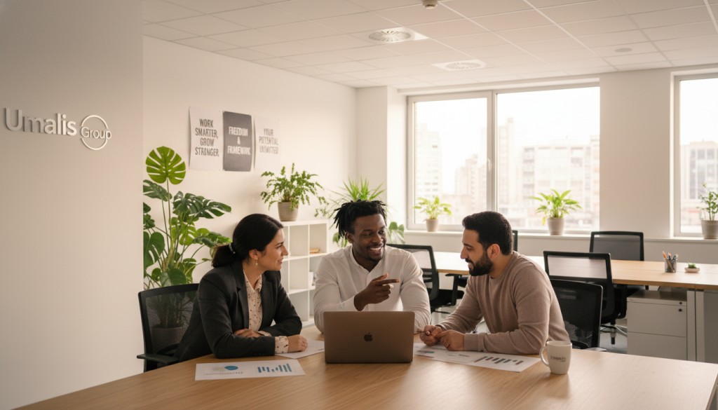 A vibrant and professional setting depicting the advantages of 'portage salarial' for beginners. In the foreground, a diverse group of three individuals, a Black man, a Hispanic woman, and a Middle-Eastern man, are engaged in a lively discussion around a laptop. They are dressed in smart casual business attire, exuding confidence and collaboration. In the middle, an office space filled with motivational posters and plants, conveying a warm and inviting atmosphere. The background shows large windows with soft natural light filtering in, enhancing the mood of positivity and opportunity. The scene captures a sense of teamwork and growth, emphasizing the benefits of freelancing with structure and support. Include subtle branding elements of "Umalis Group" within the workspace, ensuring it appears professional and integrated.