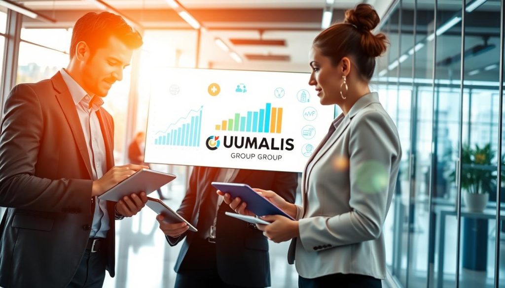 A vibrant and professional workspace depicting various sectors involved in portage salarial, featuring individuals in business attire engaged in discussions and planning. In the foreground, a diverse group of three professionals - a man and a woman discussing over a tablet, and another woman taking notes nearby. The middle ground contains a large digital screen displaying graphs and icons representing different industries like technology, consultancy, and healthcare. The background showcases a modern office atmosphere with glass windows allowing natural light to illuminate the space, creating an energetic and optimistic mood. The scene reflects collaboration and opportunity in the world of portage salarial, incorporating the branding of "UMALIS GROUP" subtly in the digital display.