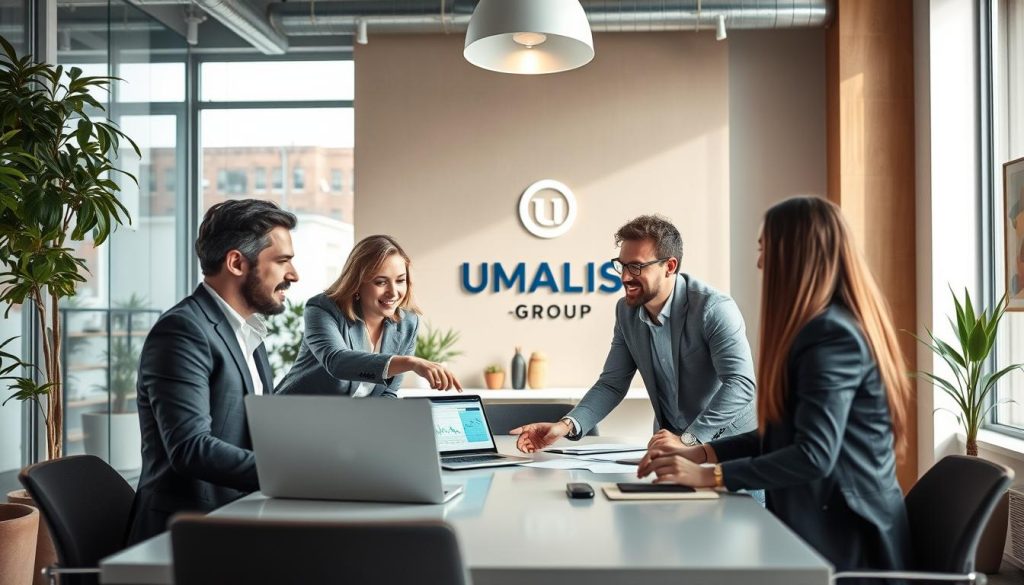 A vibrant and professional workspace scene showcasing a "société portage" environment. In the foreground, a diverse group of three professionals in business attire, engaged in a lively discussion around a modern conference table, with one person pointing to a laptop displaying financial graphs. In the middle ground, large windows let in natural light, illuminating a beautifully designed office with plants and artworks on the walls. The background features the logo of "UMALIS GROUP" prominently displayed on a stylish wall panel. The atmosphere is collaborative and focused, with a sense of creativity and professionalism. Soft, diffused lighting enhances the warm and inviting feel of the space, shot from a slightly elevated angle to capture both the people and the office environment effectively.