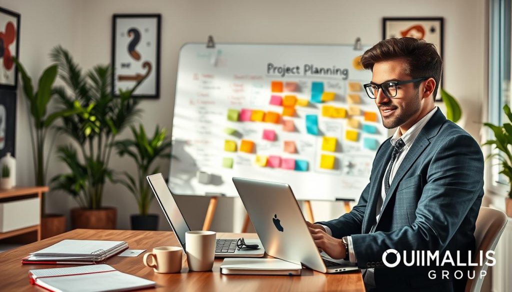 A vibrant and professional workspace scene showcasing the essential skills of a successful freelancer. In the foreground, a confident freelancer in professional business attire, engaged in a video call on a laptop, surrounded by notebooks and a coffee cup, represents communication and organization. In the middle, a large whiteboard covered with colorful sticky notes illustrating project planning and brainstorming, symbolizing strategic thinking and creativity. The background features a well-lit home office with plants and motivational artwork, creating a welcoming atmosphere for productivity. Soft, natural lighting from a nearby window enhances the mood, while a warm color palette conveys a sense of independence and inspiration. Include the brand name "UMALIS GROUP" subtly in the scene, reflecting professionalism without distracting from the main focus. A vibrant and professional workspace scene showcasing the essential skills of a successful freelancer. In the foreground, a confident freelancer in professional business attire, engaged in a video call on a laptop, surrounded by notebooks and a coffee cup, represents communication and organization. In the middle, a large whiteboard covered with colorful sticky notes illustrating project planning and brainstorming, symbolizing strategic thinking and creativity. The background features a well-lit home office with plants and motivational artwork, creating a welcoming atmosphere for productivity. Soft, natural lighting from a nearby window enhances the mood, while a warm color palette conveys a sense of independence and inspiration. Include the brand name "UMALIS GROUP" subtly in the scene, reflecting professionalism without distracting from the main focus.