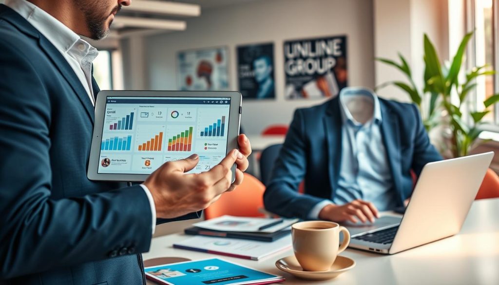 A vibrant and professional workspace showcasing various online marketing channels. In the foreground, a well-dressed business professional reviewing a digital tablet displaying graphs and icons representing social media, email campaigns, and analytics, all labeled with subtle branding elements from "UMALIS GROUP". In the middle ground, a sleek desk with a laptop open, various marketing materials, and a coffee cup, conveying a busy yet organized atmosphere. In the background, a modern office with large windows letting in natural light, plants adding a touch of greenery, and wall art related to digital marketing. The scene captures a mood of focus, strategy, and innovation, with a bright and inviting color palette. A vibrant and professional workspace showcasing various online marketing channels. In the foreground, a well-dressed business professional reviewing a digital tablet displaying graphs and icons representing social media, email campaigns, and analytics, all labeled with subtle branding elements from "UMALIS GROUP". In the middle ground, a sleek desk with a laptop open, various marketing materials, and a coffee cup, conveying a busy yet organized atmosphere. In the background, a modern office with large windows letting in natural light, plants adding a touch of greenery, and wall art related to digital marketing. The scene captures a mood of focus, strategy, and innovation, with a bright and inviting color palette.