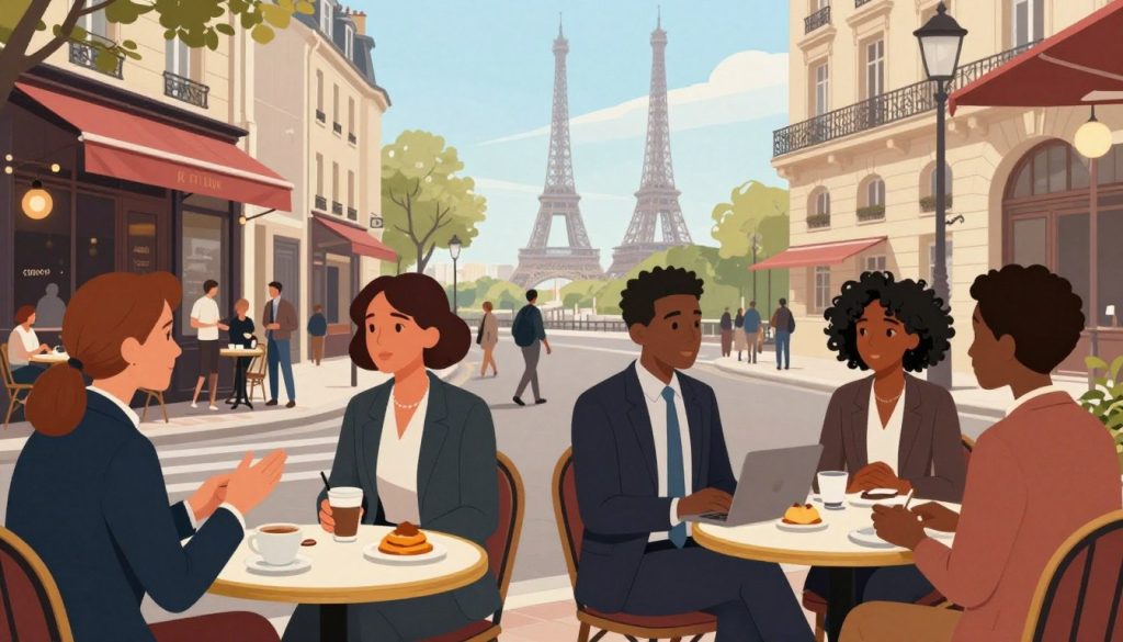A vibrant and thought-provoking illustration capturing cultural differences and mentalities in France. In the foreground, a diverse group of professionals in business attire engage in animated discussions at a café table adorned with coffee cups and pastries. The middle ground features a bustling Parisian street with terraced cafés, showcasing traditional French architecture, street artists, and pedestrians with a variety of cultural backgrounds. The background reveals the iconic silhouette of the Eiffel Tower against a clear blue sky. Soft, warm lighting creates an inviting atmosphere, enhancing the feeling of candid interaction and cultural exchange. The focus is on connection and collaboration, reflecting the contrasts in work styles and mentalities between portage salarial and freelance professionals in France. A vibrant and thought-provoking illustration capturing cultural differences and mentalities in France. In the foreground, a diverse group of professionals in business attire engage in animated discussions at a café table adorned with coffee cups and pastries. The middle ground features a bustling Parisian street with terraced cafés, showcasing traditional French architecture, street artists, and pedestrians with a variety of cultural backgrounds. The background reveals the iconic silhouette of the Eiffel Tower against a clear blue sky. Soft, warm lighting creates an inviting atmosphere, enhancing the feeling of candid interaction and cultural exchange. The focus is on connection and collaboration, reflecting the contrasts in work styles and mentalities between portage salarial and freelance professionals in France.