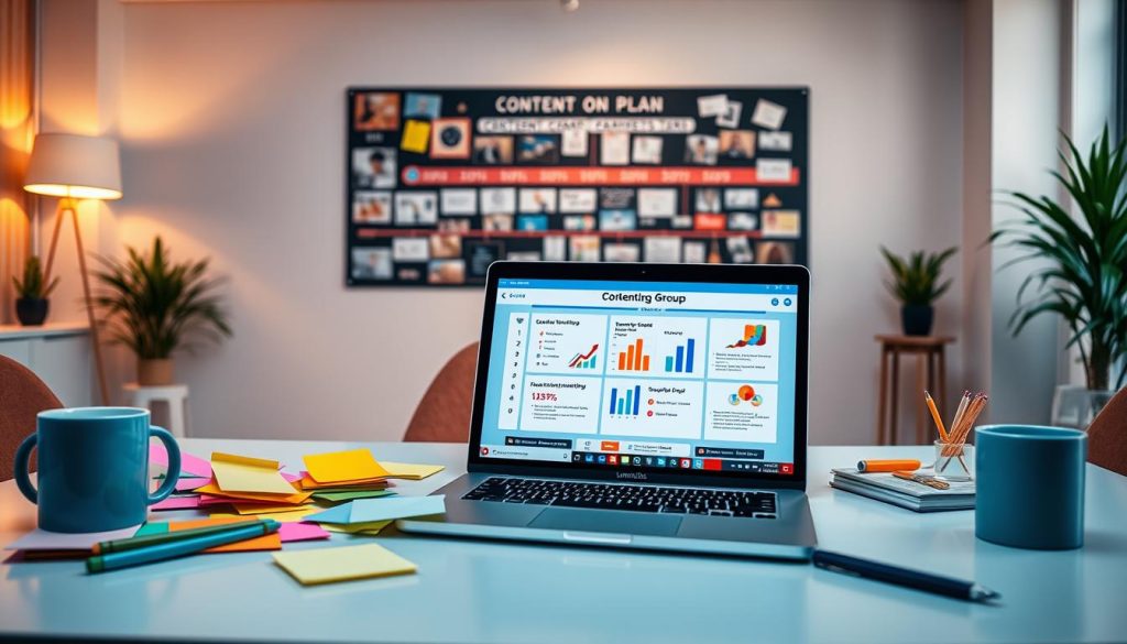 A vibrant and visually engaging content marketing plan, crafted with the Umalis Group brand in mind. In the foreground, a sleek laptop displays a digital presentation, its screen showcasing key metrics and strategies. Surrounding it, an assortment of colorful sticky notes, pens, and a coffee mug create a dynamic, creative workspace. In the middle ground, a vision board adorns the wall, filled with inspiring images, keywords, and timeline elements. The background features a modern, minimalist office setting, with clean lines, warm lighting, and a touch of greenery, conveying a sense of productivity and focus. The overall scene exudes a mood of organized, efficient, and visually compelling content marketing planning.