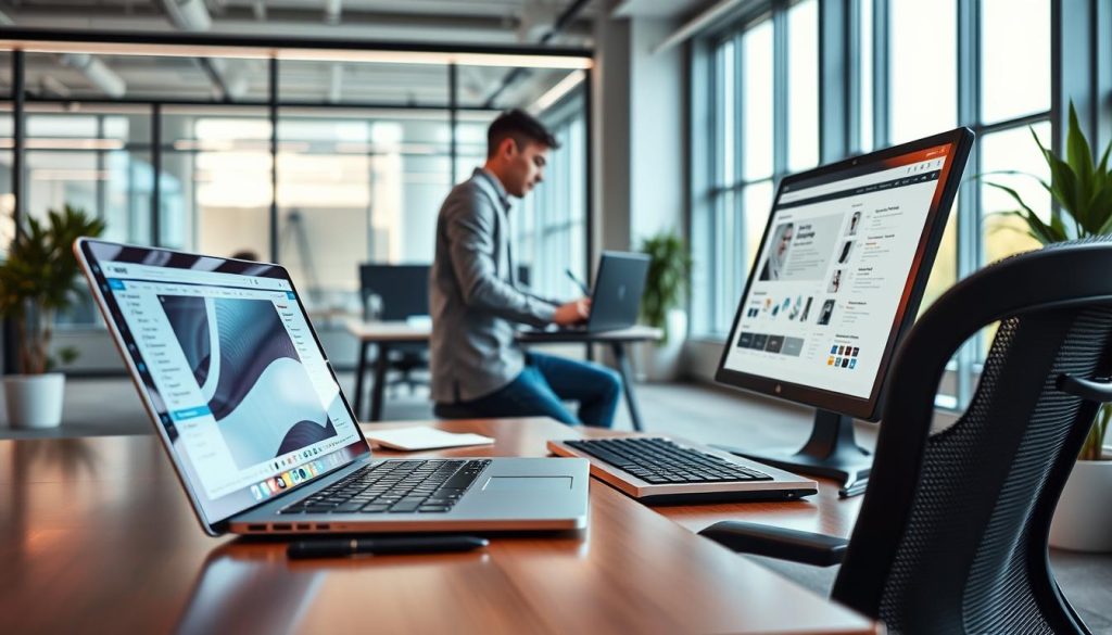 A vibrant and visually engaging scene depicting the essence of user experience design. In the foreground, an elegant ergonomic workstation with a sleek laptop, a stylus, and design software on the screen. In the middle ground, a designer in a casual yet professional attire, intently focused on the screen, their hands poised over the keyboard, capturing the creative flow of the design process. The background showcases a modern office environment with large windows, allowing natural light to flood the space, creating a sense of openness and inspiration. The overall mood is one of thoughtful productivity, innovation, and the Umalis Group's commitment to exceptional user experience. The scene is captured with a crisp, high-resolution lens, emphasizing the attention to detail and craftsmanship inherent in the user experience design discipline.
