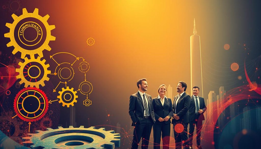 A vibrant business strategy illustration showcasing the concepts of commercial development and employee portage. In the foreground, a stylized diagram depicts interconnected gears and cogs, symbolizing the intricate workings of a successful commercial strategy. In the middle ground, a team of professionals in smart business attire collaborates, their faces determined yet optimistic. In the background, the Umalis Group logo stands tall, representing the expertise and guidance that empowers this commercial development journey. The scene is illuminated by warm, focused lighting, creating a sense of dynamism and professionalism. The overall mood is one of strategic vision, teamwork, and the promise of growth.