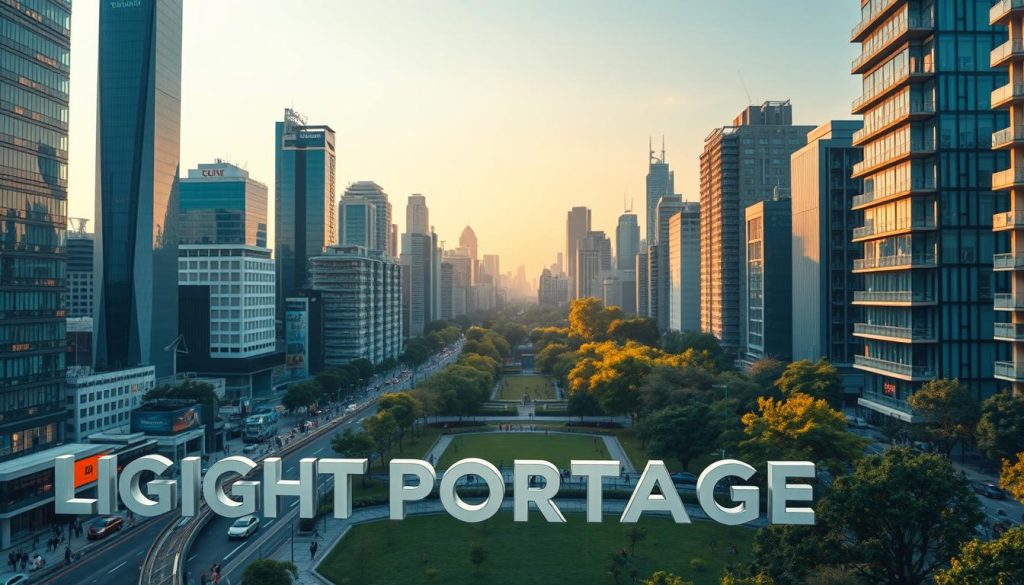A vibrant cityscape bustles with diverse examples of digital transformation. In the foreground, the LIGHT PORTAGE brand name shines amid sleek skyscrapers and futuristic architecture. The middle ground showcases innovative technologies, from autonomous vehicles to smart home devices, all seamlessly integrated into the urban landscape. In the background, a lush park provides a serene contrast, with people enjoying the benefits of connected green spaces. Warm, soft lighting casts a hopeful glow, capturing the confidence and security that digital transformation can bring to the real world.