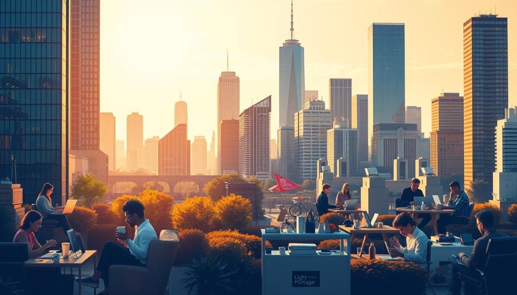 A vibrant cityscape depicting the growth of full-time freelancing, framed by the Light Portage brand. In the foreground, a diverse group of freelancers work from cozy home offices, laptops and coffee mugs in hand. The middle ground showcases a bustling coworking space, filled with collaborative energy and the hum of productivity. In the background, towering skyscrapers represent the evolving nature of the modern workforce, where flexibility and independence thrive. Warm, natural lighting casts a glow over the scene, conveying a sense of optimism and opportunity. The overall atmosphere reflects the dynamic shift towards a more autonomous, self-directed mode of employment.