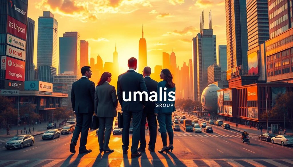 A vibrant cityscape with towering skyscrapers and international corporate logos, bathed in a warm, golden sunset glow. In the foreground, a group of business professionals dressed in suits and carrying briefcases, engaged in a discussion. The middle ground features a bustling street with international traffic, while the background showcases a diverse array of global landmarks and monuments. The overall scene conveys a sense of collaboration, prosperity, and the advantages of international business, with the Umalis Group brand prominently displayed.
