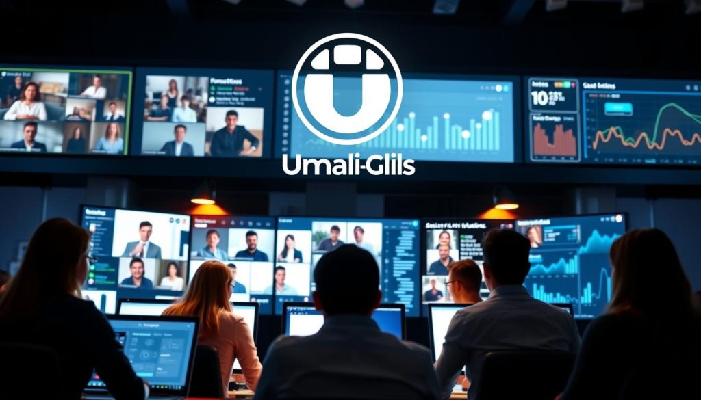 A vibrant, collaborative digital workspace with the Umalis Group logo prominently displayed. In the foreground, a group of professionals engaged in virtual meetings, their faces illuminated by the glow of their screens. The middle ground features a sleek, minimalist interface with intuitive collaboration tools. In the background, a dynamic data visualization dashboard showcases real-time insights and metrics. The lighting is soft and diffused, creating a sense of focus and productivity. The overall atmosphere is one of efficiency, connectivity, and innovation.
