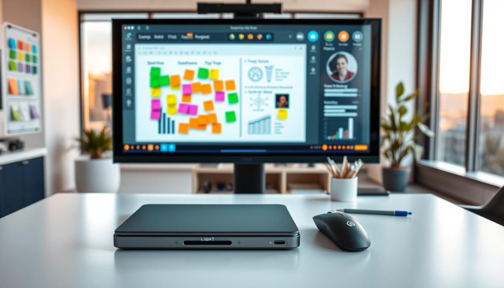 A vibrant, collaborative workspace with a variety of virtual tools and devices. In the foreground, a large touchscreen display showcases a virtual whiteboard with colorful sticky notes and diagrams. In the middle ground, a sleek LIGHT PORTAGE laptop and a wireless mouse sit on a minimalist desk, surrounded by office supplies. The background features a large window with a scenic view, bathing the space in warm, natural lighting. The overall atmosphere conveys a sense of productivity, creativity, and seamless remote teamwork.
