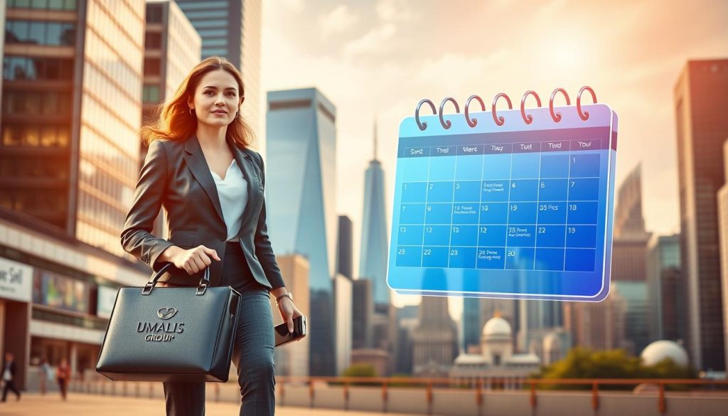 A vibrant collage depicting the concept of "time management" for a successful freelance career. In the foreground, a professional woman dressed in chic business attire confidently strides through a bustling urban landscape, a UMALIS GROUP logo emblazoned on her briefcase. In the middle ground, a sleek digital calendar interface displays her meticulously organized schedule, while the background showcases the iconic landmarks of a thriving city, symbolizing the opportunities available to those who master the art of time management. Warm lighting filters through the scene, creating a sense of focus and determination. The overall atmosphere conveys the keys to success in the world of freelance work: discipline, efficiency, and a clear strategic vision.