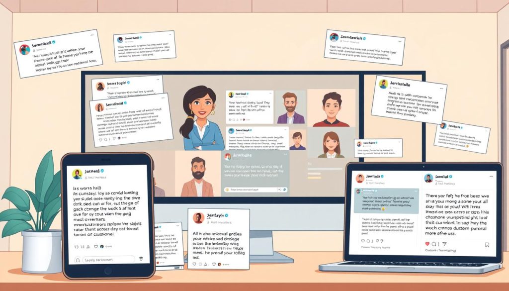 A vibrant collage of social media testimonials displayed on various digital devices. In the foreground, a smartphone, tablet, and laptop showcase heartfelt reviews, ratings, and comments from satisfied customers. The middle ground features influencers sharing their experiences, their faces and posts visible on a large monitor. In the background, a minimalist, modern office setting with clean lines and a soft, warm lighting creates a professional, yet inviting atmosphere. The overall composition conveys a sense of authenticity, trust, and social proof, seamlessly blending technology and human connection.