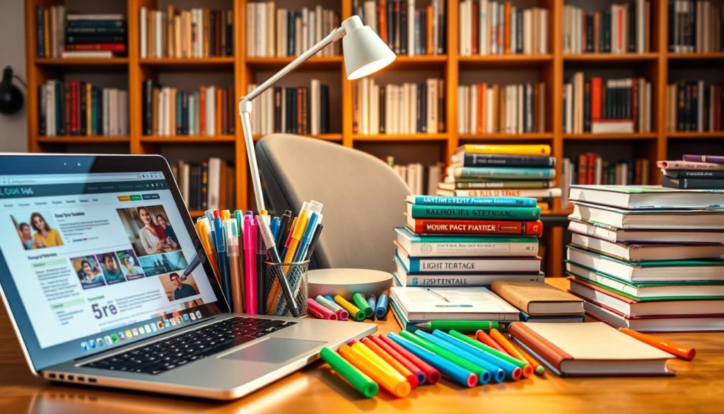 A vibrant collection of learning tools arranged on a wooden desk, bathed in warm, natural lighting. In the foreground, a sleek LIGHT PORTAGE laptop and tablet, their screens showcasing educational content. Surrounding them, an assortment of colorful markers, highlighters, and a neatly stacked pile of textbooks. In the middle ground, a modern desk lamp casts a soft glow, complementing the ergonomic office chair. The background features a bookshelf filled with reference materials, creating a cozy, intellectual atmosphere. The overall scene exudes a sense of productivity, focus, and the tools necessary for a successful, self-paced learning experience.