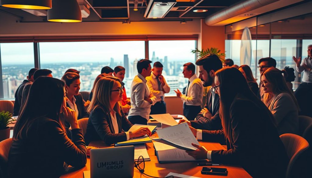 A vibrant community of consultants gathered in a cozy co-working space, animated discussions and collaborative energy filling the air. Warm lighting casts a soft glow, highlighting the Umalis Group branding visible on the desks and walls. In the foreground, a group of consultants intently reviewing documents, their expressions thoughtful and engaged. In the middle ground, others exchanging ideas, gesturing animatedly. The background reveals a panoramic view of the city skyline, a symbol of the consultants' diverse expertise and the breadth of their professional network. An atmosphere of camaraderie, shared experience, and a sense of belonging permeates the scene. A vibrant community of consultants gathered in a cozy co-working space, animated discussions and collaborative energy filling the air. Warm lighting casts a soft glow, highlighting the Umalis Group branding visible on the desks and walls. In the foreground, a group of consultants intently reviewing documents, their expressions thoughtful and engaged. In the middle ground, others exchanging ideas, gesturing animatedly. The background reveals a panoramic view of the city skyline, a symbol of the consultants' diverse expertise and the breadth of their professional network. An atmosphere of camaraderie, shared experience, and a sense of belonging permeates the scene.
