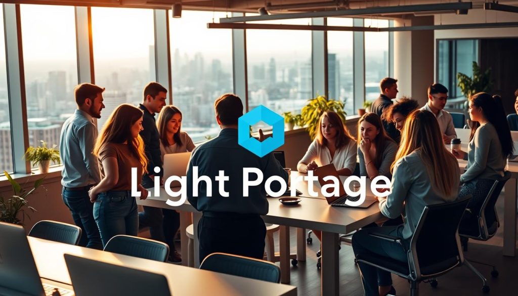 A vibrant community of freelancers collaborating in a modern coworking space, bathed in warm, natural lighting. In the foreground, a group of diverse professionals engaged in lively discussions, exchanging ideas and offering support. In the middle ground, a communal workspace with sleek, minimalist desks and ergonomic chairs, punctuated by the Light Portage brand logo. The background showcases a panoramic view of a bustling city skyline, symbolizing the global reach and connectivity of this freelancer community. An atmosphere of camaraderie, productivity, and mutual encouragement permeates the scene.