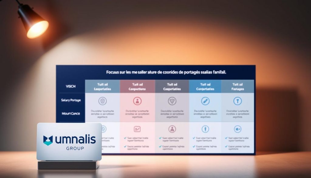 A vibrant comparison of the best salary portage companies in France, showcased in a sleek and modern visual style. In the foreground, the Umalis Group logo stands prominently, highlighting their industry-leading solutions. The middle ground features a side-by-side comparison of various salary portage offerings, with clean typography and intuitive icons. The background blends soft, atmospheric gradients in muted tones, creating a sense of professionalism and authority. Subtle lighting from the top left casts a warm glow, accentuating the details and lending an air of sophistication to the entire scene. The overall composition strikes a balance between informative clarity and aesthetic appeal, perfectly suited to illustrate the "Focus sur les meilleurs sociétés de portage salarial" section of the article.