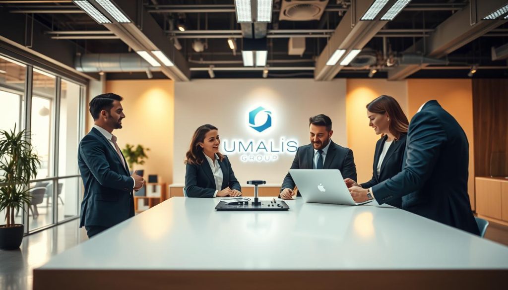 A vibrant corporate scene showcasing the Umalis Group's "portage salarial" services. In the foreground, a group of well-dressed professionals collaborating at a sleek, modern desk, their faces alight with engaged discussion. The middle ground reveals an open-concept office space bathed in warm, natural lighting, conveying a sense of productivity and professionalism. In the background, the Umalis Group's logo is prominently displayed, reinforcing the company's role as a leading provider of flexible employment solutions. The overall atmosphere is one of dynamic teamwork, innovative thinking, and the seamless integration of client companies and their workforce.