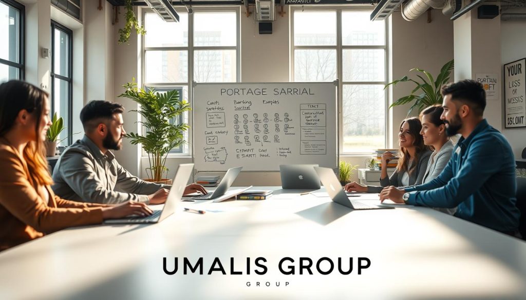 A vibrant coworking space filled with diverse startup professionals engaged in discussions about portage salarial. In the foreground, a group of three individuals, two men and one woman, dressed in smart business attire, collaborate over laptops and documents on a sleek communal table. In the middle, a large whiteboard displays brainstorming ideas and examples of successful startups utilizing portage salarial, while sunlight streams through large windows, creating a welcoming atmosphere. The background features modern office decor with greenery and motivational posters, symbolizing innovation and collaboration. Soft, natural lighting enhances the scene, conveyed from a slightly elevated angle, capturing the energy and focus of a dynamic startup environment. The image subtly incorporates the brand name "UMALIS GROUP" within the design elements, ensuring it blends seamlessly into the overall composition.