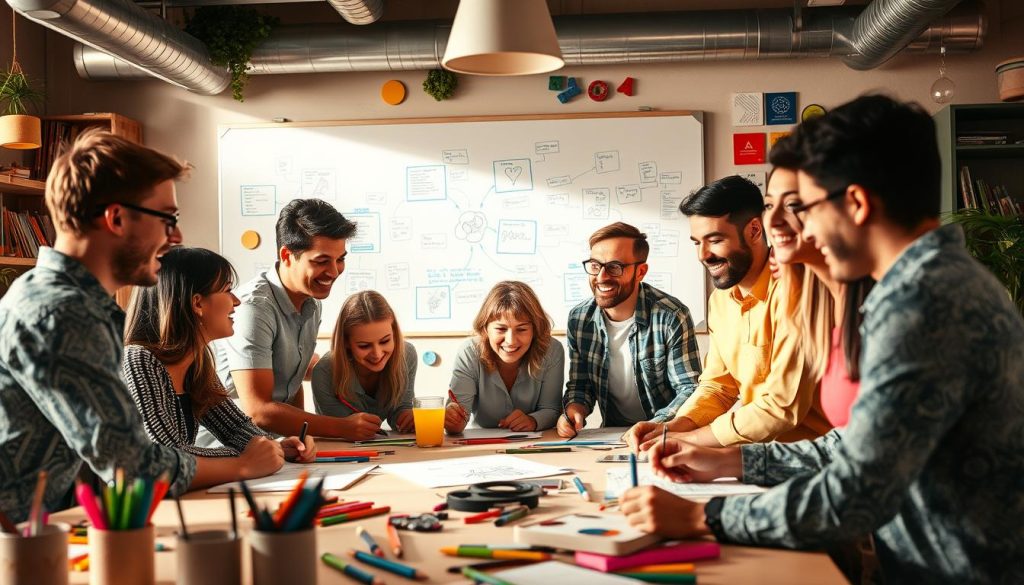A vibrant, creative team collaborating enthusiastically at the Umalis Group offices, surrounded by colorful art supplies, drawing pads, and playful inspiration. Warm, natural lighting casts a cozy glow over the scene as the team engages in imaginative activities, brainstorming ideas and sketching concepts. In the foreground, team members gather around a large table, their faces animated with excitement as they share their creative visions. In the background, a wall-mounted whiteboard displays mind maps and diagrams, reflecting the group's collaborative problem-solving process. The overall atmosphere conveys a sense of energized teamwork and a shared passion for bringing new ideas to life.