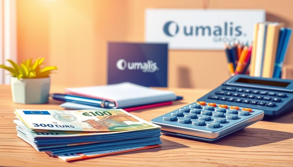 A vibrant, detailed illustration depicting "primes et frais professionnels" (professional bonuses and expenses) in the context of employee compensation in France. In the foreground, a stack of Euro banknotes and a calculator sit atop a wooden desk, symbolizing financial rewards. In the middle ground, a selection of office supplies, including a pen, notepad, and folder, represent professional expenses. The background features the Umalis Group logo, conveying a sense of professional services and expertise. The overall scene is lit by warm, natural lighting, creating a comfortable and aspirational atmosphere, reflecting the "Les accessoires et compléments du salaire" (Perks and Supplements to Salary) section of the article.
