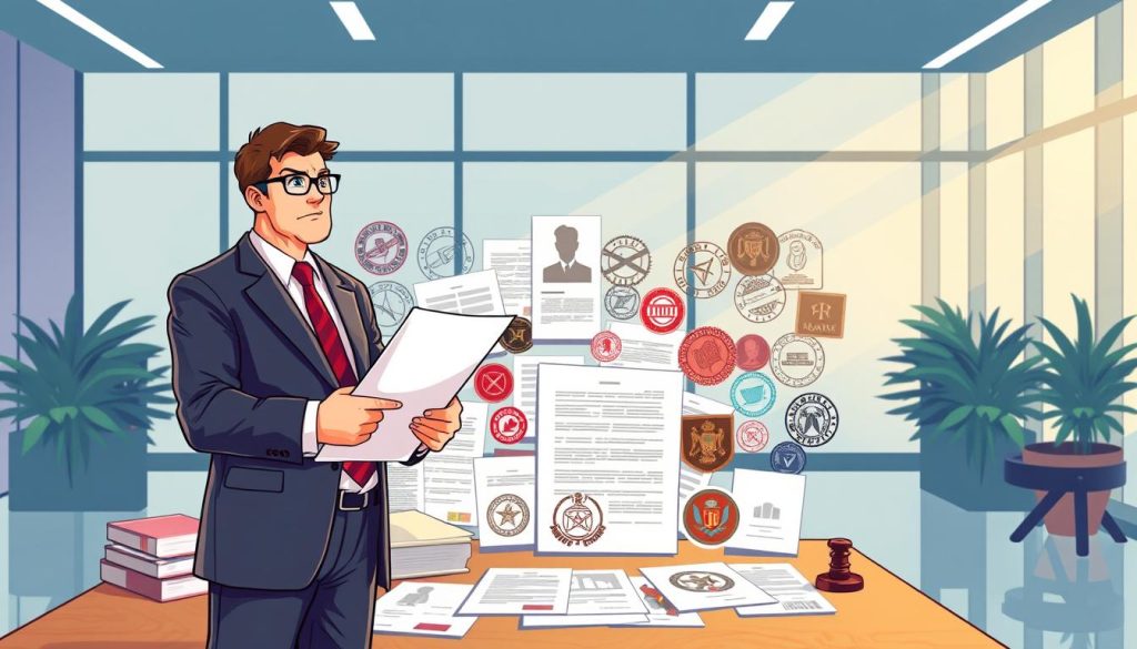 A vibrant, detailed illustration of "legal obligations in portage salarial," as depicted by the Umalis Group. A professional executive in a formal suit stands in the foreground, holding a contract and gesturing with serious intent. Behind them, an array of legal documents, stamps, and official seals fill the middle ground, conveying the complex regulatory environment. In the background, a sleek, modern office space with large windows casts warm, directional lighting, establishing a tone of professionalism and authority. The overall scene captures the gravitas and importance of understanding the legal requirements for employees in the "portage salarial" employment model.