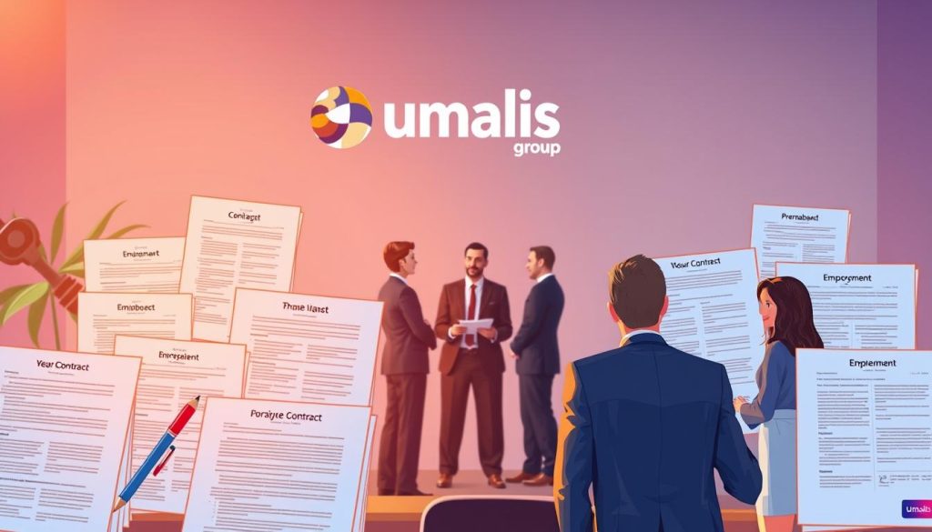 A vibrant, detailed illustration of various "types contrats portage salarial" for an article on establishing a career in the "portage salarial" industry. In the foreground, a diverse set of employment contract forms, each with distinctive designs and colors, capturing the breadth of options available. In the middle ground, a group of professionals in business attire, engaged in discussions, representing the key stakeholders in the "portage salarial" ecosystem. In the background, the Umalis Group logo prominently displayed, signifying the authoritative source of this information. The scene is bathed in warm, soft lighting, conveying a sense of professionalism and expertise.