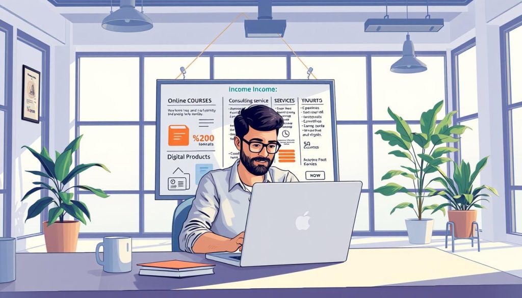 A vibrant, detailed illustration showcasing "freelance income strategies" for the "Umalis Group". In the foreground, a freelancer works diligently on a laptop, surrounded by various income streams like online courses, consulting services, and digital products. The middle ground features a board displaying different revenue sources, while the background depicts a modern, minimalist office setting with large windows, allowing natural light to flood the scene. The overall atmosphere is one of productivity, innovation, and financial empowerment, capturing the essence of effective goal-setting for freelancers.