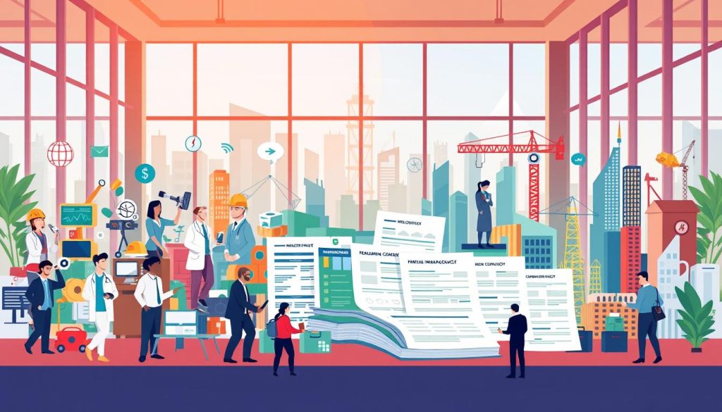 A vibrant, detailed illustration showcasing industry-specific coverage solutions offered by the Umalis Group. In the foreground, a diverse array of professional fields are represented - from healthcare and technology to finance and construction. Each field is depicted with symbolic imagery, conveying the unique risks and needs of the respective industry. The middle ground features an array of insurance policies, policies customized to address the specific challenges faced by these diverse professions. In the background, a sleek, modern office setting with floor-to-ceiling windows, casting a warm, dynamic lighting across the scene. The overall atmosphere exudes a sense of confidence, professionalism, and tailored protection for the multifaceted needs of today's thriving industries.