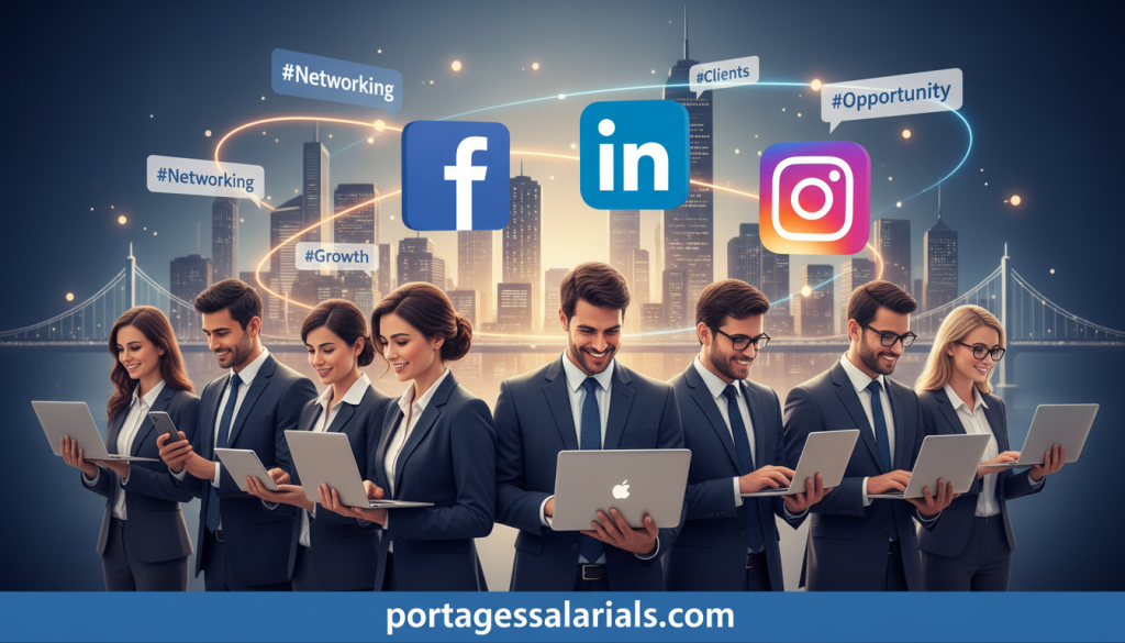 A vibrant digital illustration depicting the essence of online networking through social media. In the foreground, a diverse group of professionals in business attire engage with their laptops and smartphones, symbolizing active participation in digital platforms. In the middle ground, large, colorful social media icons like Facebook, LinkedIn, and Instagram float around, intertwined with visual elements like hashtags and connection lines. The background features a dynamic cityscape, suggesting a bustling environment of opportunity and communication. Soft, ambient lighting creates a welcoming atmosphere, while a slight angle from above emphasizes the interaction and connectivity between the individuals and the digital platforms. This image encapsulates the theme of visibility and client attraction through social media. Promote: portagesalarials.com. A vibrant digital illustration depicting the essence of online networking through social media. In the foreground, a diverse group of professionals in business attire engage with their laptops and smartphones, symbolizing active participation in digital platforms. In the middle ground, large, colorful social media icons like Facebook, LinkedIn, and Instagram float around, intertwined with visual elements like hashtags and connection lines. The background features a dynamic cityscape, suggesting a bustling environment of opportunity and communication. Soft, ambient lighting creates a welcoming atmosphere, while a slight angle from above emphasizes the interaction and connectivity between the individuals and the digital platforms. This image encapsulates the theme of visibility and client attraction through social media. Promote: portagesalarials.com.
