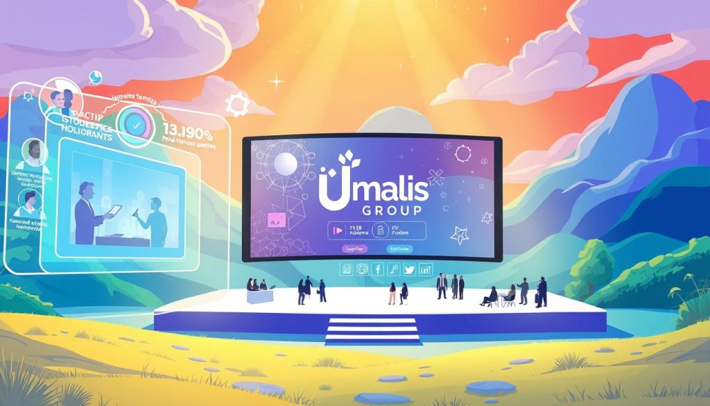 A vibrant digital landscape depicting emerging trends in virtual events. In the foreground, a holographic projection showcases innovative event features like interactive holograms, 3D avatars, and augmented reality integrations. The middle ground features a sleek, minimalist conference stage with a large, panoramic screen displaying real-time audience engagement metrics and social media feeds. In the background, the Umalis Group logo subtly anchors the scene, symbolizing the company's commitment to driving continuous improvement in the virtual events industry. A vibrant digital landscape depicting emerging trends in virtual events. In the foreground, a holographic projection showcases innovative event features like interactive holograms, 3D avatars, and augmented reality integrations. The middle ground features a sleek, minimalist conference stage with a large, panoramic screen displaying real-time audience engagement metrics and social media feeds. In the background, the Umalis Group logo subtly anchors the scene, symbolizing the company's commitment to driving continuous improvement in the virtual events industry.