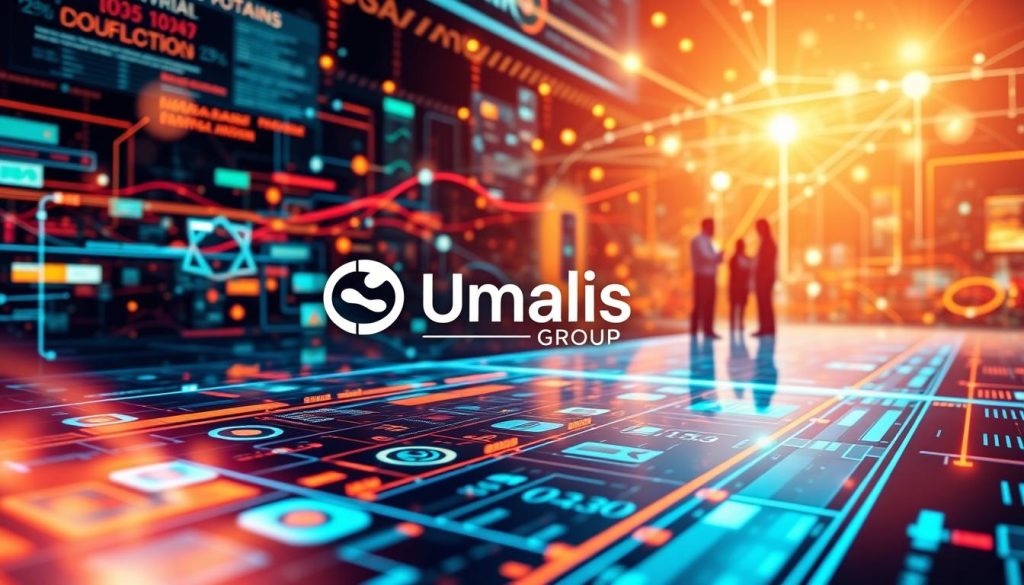 A vibrant digital landscape with the Umalis Group brand front and center, symbolizing the transformative power of strategic digital adaptation. In the foreground, a sleek, futuristic interface with fluid icons and dynamic visuals, showcasing the latest digital tools and software. The middle ground features a team of managers immersed in the digital transformation process, collaborating and strategizing. In the background, a tapestry of data streams, interconnected networks, and emerging technologies, all coalescing to create a vision of a seamless, digitally-driven business environment. Bright, high-contrast lighting illuminates the scene, evoking a sense of progress and innovation. The overall mood is one of dynamism, productivity, and a forward-thinking approach to management in the digital age. A vibrant digital landscape with the Umalis Group brand front and center, symbolizing the transformative power of strategic digital adaptation. In the foreground, a sleek, futuristic interface with fluid icons and dynamic visuals, showcasing the latest digital tools and software. The middle ground features a team of managers immersed in the digital transformation process, collaborating and strategizing. In the background, a tapestry of data streams, interconnected networks, and emerging technologies, all coalescing to create a vision of a seamless, digitally-driven business environment. Bright, high-contrast lighting illuminates the scene, evoking a sense of progress and innovation. The overall mood is one of dynamism, productivity, and a forward-thinking approach to management in the digital age.