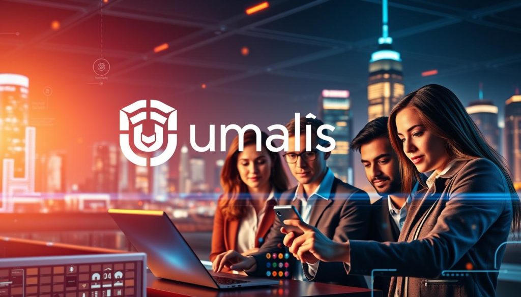 A vibrant digital landscape with the Umalis Group logo prominently displayed, representing the key skills and capabilities needed for a successful digital transformation. In the foreground, a diverse team collaborates using cutting-edge technology, their expressions conveying a sense of focus and determination. The middle ground features visual metaphors for critical skills such as adaptability, innovation, and data analysis. The background showcases a futuristic cityscape, symbolizing the impact of the digital revolution on organizational management. Warm lighting and a sleek, modern aesthetic create an atmosphere of progress and potential. A vibrant digital landscape with the Umalis Group logo prominently displayed, representing the key skills and capabilities needed for a successful digital transformation. In the foreground, a diverse team collaborates using cutting-edge technology, their expressions conveying a sense of focus and determination. The middle ground features visual metaphors for critical skills such as adaptability, innovation, and data analysis. The background showcases a futuristic cityscape, symbolizing the impact of the digital revolution on organizational management. Warm lighting and a sleek, modern aesthetic create an atmosphere of progress and potential.