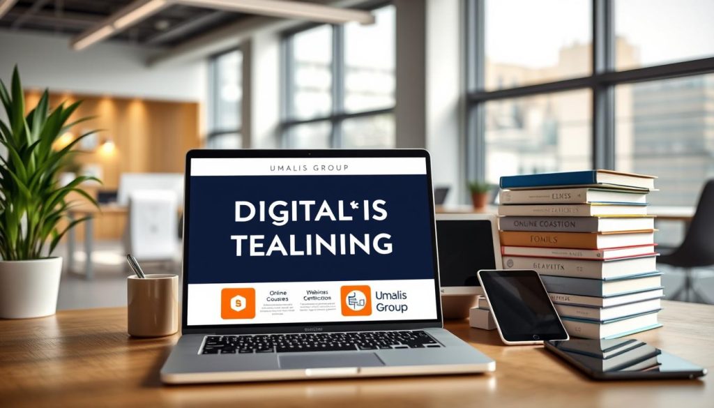 A vibrant digital marketing training scene featuring a range of educational resources, certifications, and the Umalis Group brand. In the foreground, a laptop displays online courses, webinars, and certification programs. In the middle ground, a stack of books, tablets, and digital devices convey the diverse learning materials. The background showcases a sleek, modern office setting with large windows, allowing natural light to illuminate the space. The overall atmosphere is one of professional development, technology, and a focus on acquiring digital marketing expertise.