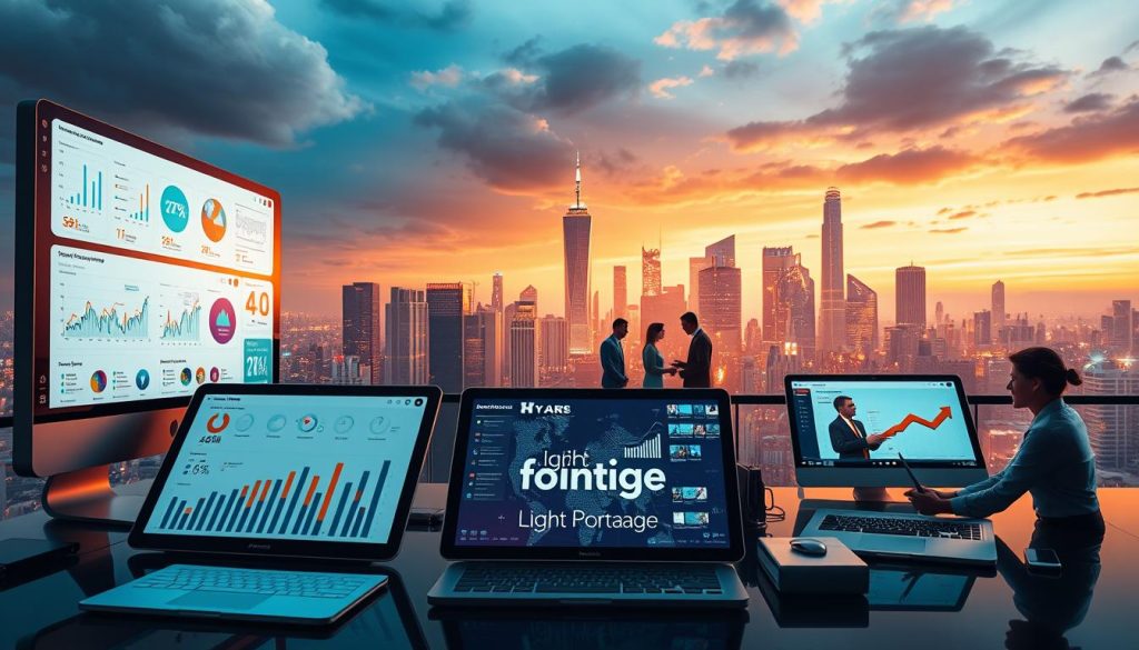A vibrant digital strategy landscape, showcasing the "Light Portage" brand. In the foreground, sleek devices display interactive dashboards, analytics, and social media platforms. The middle ground features a team of professionals strategizing, collaborating, and brainstorming digital campaigns. In the background, a cityscape with towering skyscrapers and a glowing, futuristic skyline set the scene. Soft, warm lighting illuminates the scene, creating a dynamic and engaging atmosphere. Captured with a cinematic wide-angle lens, the image conveys the comprehensive nature of modern digital communication strategies for enterprises.