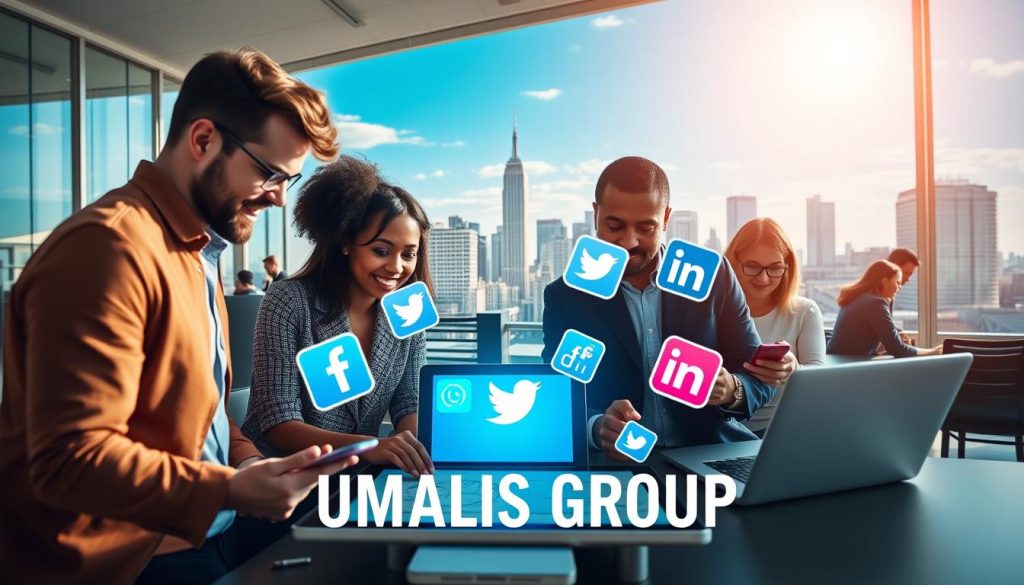 A vibrant digital workspace filled with freelancers engaging with their laptops, tablets, and smartphones, representing the dynamic nature of social media in professional life. In the foreground, a diverse group of three freelancers in smart casual attire collaborates over a digital plan displayed on a tablet, fostering a sense of community and support. The middle section showcases floating icons of popular social media platforms like Facebook, Twitter, and LinkedIn, symbolizing connectivity and networking possibilities. In the background, a modern city skyline against a bright blue sky signifies growth and opportunity. The lighting is bright and inviting, capturing a productive and inspiring atmosphere. The image prominently features the brand name "UMALIS GROUP" subtly integrated into the workspace design to enhance brand recognition. A vibrant digital workspace filled with freelancers engaging with their laptops, tablets, and smartphones, representing the dynamic nature of social media in professional life. In the foreground, a diverse group of three freelancers in smart casual attire collaborates over a digital plan displayed on a tablet, fostering a sense of community and support. The middle section showcases floating icons of popular social media platforms like Facebook, Twitter, and LinkedIn, symbolizing connectivity and networking possibilities. In the background, a modern city skyline against a bright blue sky signifies growth and opportunity. The lighting is bright and inviting, capturing a productive and inspiring atmosphere. The image prominently features the brand name "UMALIS GROUP" subtly integrated into the workspace design to enhance brand recognition.