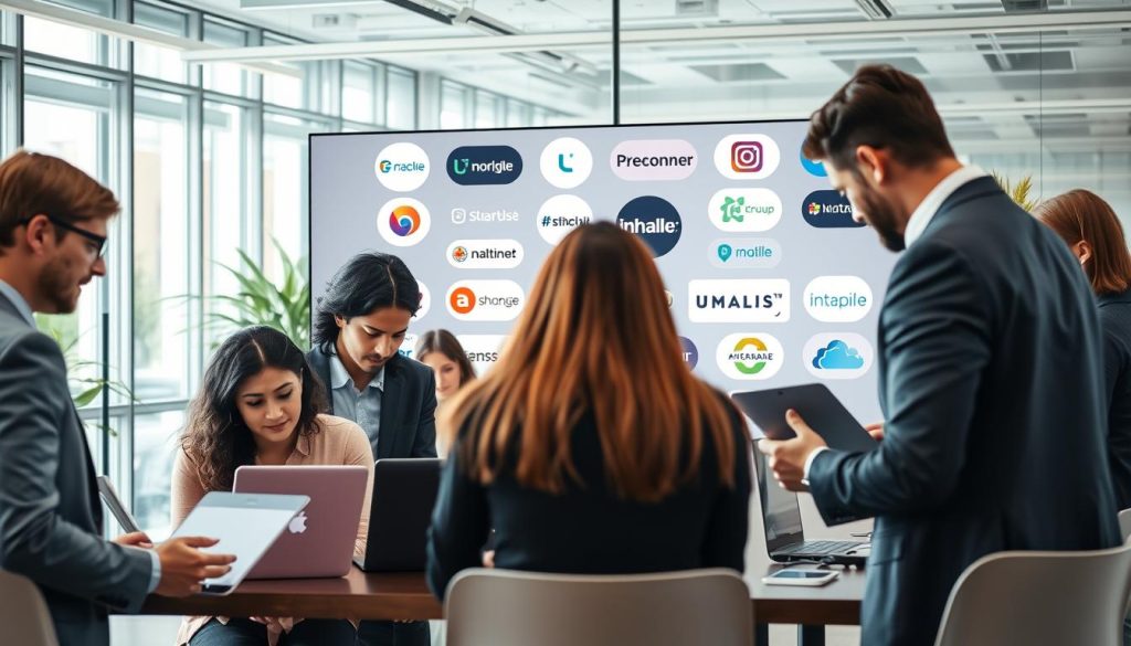 A vibrant digital workspace illustrating the concept of freelancing platforms in a professional context. In the foreground, a focused, diverse group of professionals in business attire engages around laptops and tablets, discussing projects and ideas. The middle ground features a large screen displaying various freelancing platform logos, including "UMALIS GROUP," symbolizing connectivity and opportunities. In the background, a modern office setting with glass walls and greenery adds a sense of innovation and collaboration. Soft, natural lighting filters in through the windows, creating an inviting atmosphere. The mood is dynamic and productive, highlighting the essence of finding freelance missions through digital platforms in France. A vibrant digital workspace illustrating the concept of freelancing platforms in a professional context. In the foreground, a focused, diverse group of professionals in business attire engages around laptops and tablets, discussing projects and ideas. The middle ground features a large screen displaying various freelancing platform logos, including "UMALIS GROUP," symbolizing connectivity and opportunities. In the background, a modern office setting with glass walls and greenery adds a sense of innovation and collaboration. Soft, natural lighting filters in through the windows, creating an inviting atmosphere. The mood is dynamic and productive, highlighting the essence of finding freelance missions through digital platforms in France.