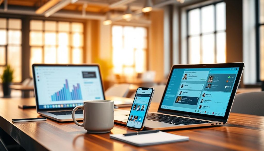 A vibrant digital workspace scene showcasing various professional networking tools. In the foreground, a sleek laptop with graphs and chat applications open on the screen, symbolizing online connections. To the side, a smartphone displaying social media profiles relevant to freelance networking. In the middle ground, a stylish desk with stationery and a coffee mug, labeled "UMALIS GROUP," suggesting a productive environment. The background features a modern office setting with large windows letting in warm natural light, creating an inviting atmosphere. Soft bokeh effects add depth, and the overall feel is professional yet approachable, emphasizing the importance of digital tools in expanding one's freelance network.