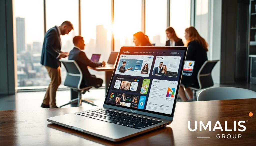 A vibrant digital workspace showcasing diverse freelance platforms. In the foreground, a sleek laptop displays various freelance website interfaces, symbolizing opportunities. To the left, a diverse group of professionals in smart business attire collaborate over a project, radiating focus and energy. In the middle, a modern office environment with stylish desks and ergonomic chairs encourages productivity. The background reveals a large window with a city skyline, bathed in warm, natural light, suggesting the flexibility and freedom of freelance work. The atmosphere is optimistic and dynamic, embodying the hustle and innovation of modern freelancing. Include the logo "UMALIS GROUP" subtly in the corner. A vibrant digital workspace showcasing diverse freelance platforms. In the foreground, a sleek laptop displays various freelance website interfaces, symbolizing opportunities. To the left, a diverse group of professionals in smart business attire collaborate over a project, radiating focus and energy. In the middle, a modern office environment with stylish desks and ergonomic chairs encourages productivity. The background reveals a large window with a city skyline, bathed in warm, natural light, suggesting the flexibility and freedom of freelance work. The atmosphere is optimistic and dynamic, embodying the hustle and innovation of modern freelancing. Include the logo "UMALIS GROUP" subtly in the corner.