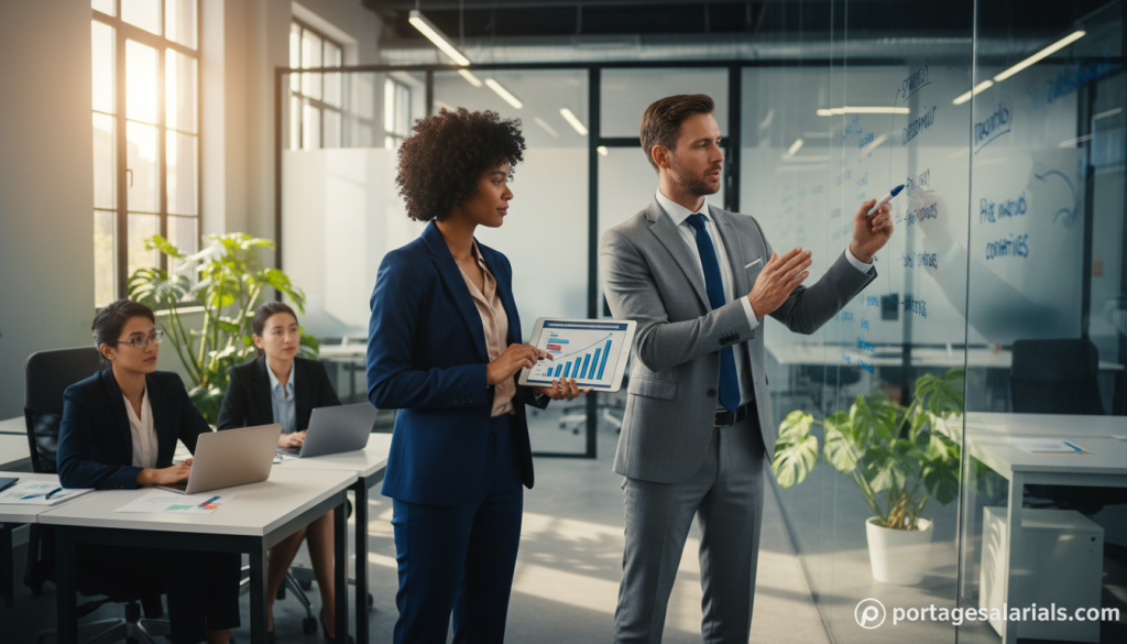 A vibrant, dynamic business scene depicting a diverse group of professionals engaged in a collaborative meeting. In the foreground, a businesswoman in a smart suit points at a digital tablet displaying graphs and charts, showcasing commercial and organizational competencies. Beside her, a businessman gestures, highlighting key points on a large whiteboard filled with strategic notes. In the background, an open office environment with modern design elements, including glass walls and greenery, reinforces a professional atmosphere. Soft, natural lighting cascades through large windows, creating a productive yet welcoming ambiance. The image captures teamwork, focus, and ambition, embodying a sense of purpose and professionalism, relevant to portagesalarials.com. A vibrant, dynamic business scene depicting a diverse group of professionals engaged in a collaborative meeting. In the foreground, a businesswoman in a smart suit points at a digital tablet displaying graphs and charts, showcasing commercial and organizational competencies. Beside her, a businessman gestures, highlighting key points on a large whiteboard filled with strategic notes. In the background, an open office environment with modern design elements, including glass walls and greenery, reinforces a professional atmosphere. Soft, natural lighting cascades through large windows, creating a productive yet welcoming ambiance. The image captures teamwork, focus, and ambition, embodying a sense of purpose and professionalism, relevant to portagesalarials.com.