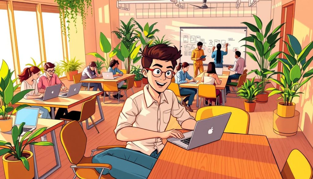A vibrant, dynamic coworking space with flexible seating arrangements. Diverse professionals collaborating at sleek wooden desks, laptops open, surrounded by lush indoor plants and floor-to-ceiling windows flooding the room with warm, natural light. In the foreground, a young entrepreneur in a casual button-down worksharing a table with a freelance graphic designer. In the background, a team of remote workers brainstorming on a large whiteboard. The atmosphere is one of focused productivity, creativity, and a sense of community.