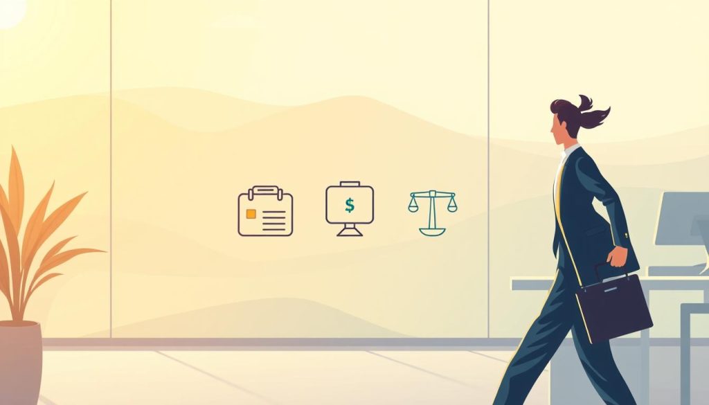 A vibrant, dynamic illustration showcasing the core tenets of professional autonomy through the lens of Light Portage's salarial portage system. In the foreground, an empowered, confident professional navigates a sleek, modern workspace, unencumbered by traditional employment constraints. The middle ground depicts a trio of stylized icons - a briefcase, a flexible schedule, and a work-life balance scale - symbolizing the liberties afforded by Light Portage's salarial portage. The background layers a soft, gradient-based landscape, evoking a sense of freedom and opportunity. Warm, natural lighting casts a gentle glow, while a dynamic camera angle conveys a sense of forward momentum and progress. The overall aesthetic strikes a balance between sophistication and approachability, reflecting Light Portage's commitment to empowering independent professionals.