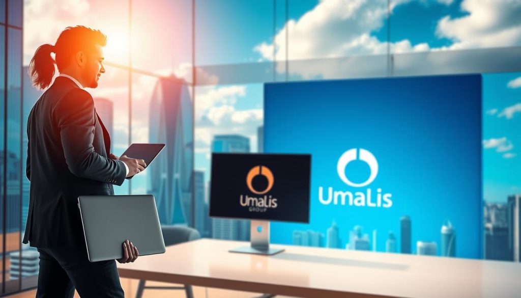 A vibrant, dynamic image depicting the concept of "liberté traducteur portage salarial". In the foreground, a professional translator stands confidently, laptop in hand, symbolizing the flexibility and autonomy of the portage salarial model. The middle ground showcases a sleek, modern workspace, with the Umalis Group logo prominently displayed, representing the security and support provided by the platform. In the background, a cityscape filled with towering skyscrapers and a vibrant blue sky conveys a sense of opportunity and growth. The lighting is warm and inviting, casting a soft glow over the scene. The overall composition and color palette evoke a mood of empowerment, innovation, and the limitless potential of the portage salarial for translators.